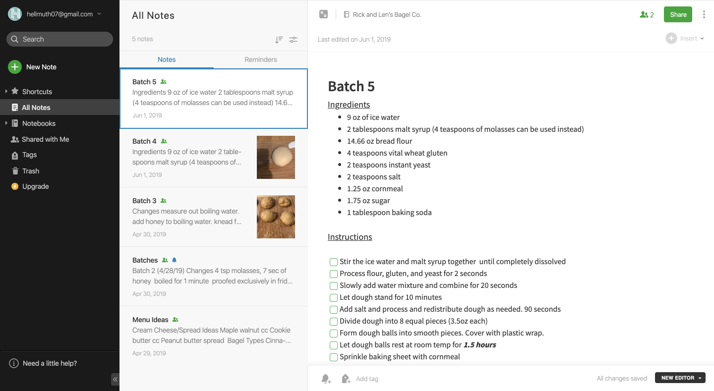 Evenote Dashboard screenshot