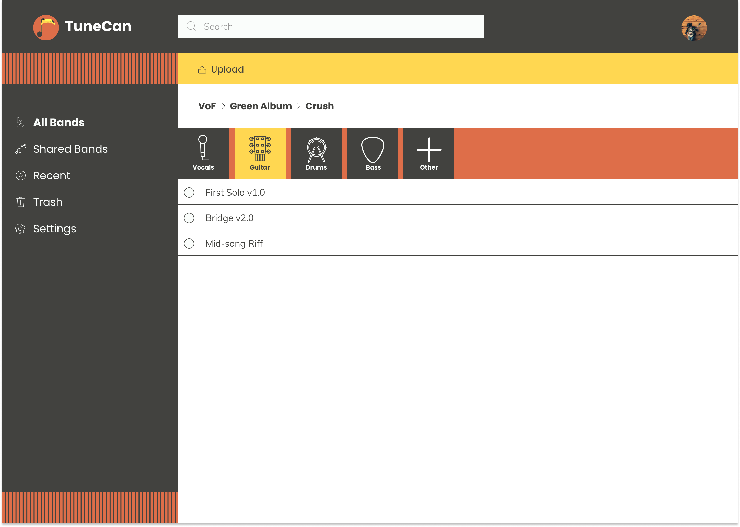 High fidelity mockup of the component storage screen.