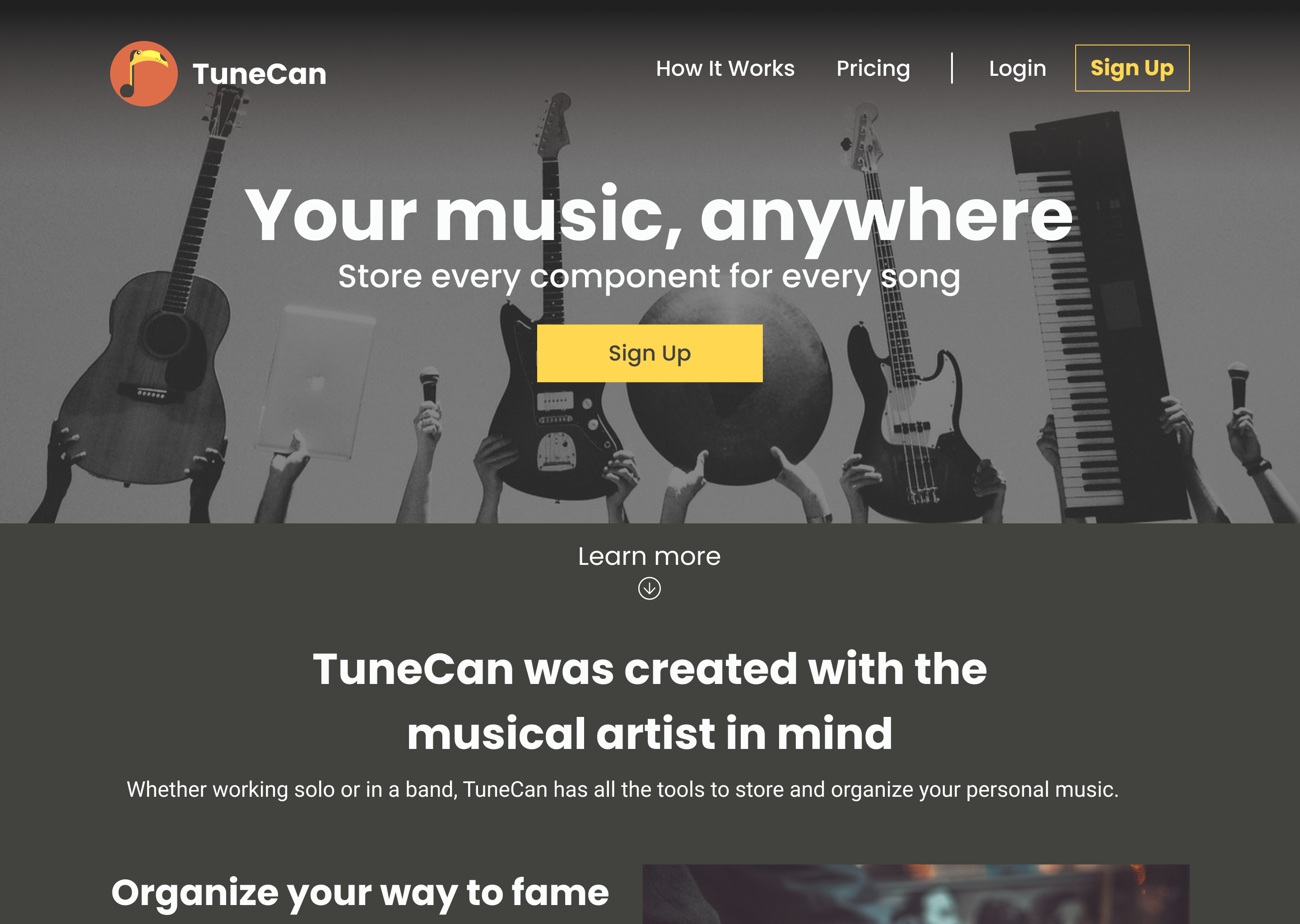 Homepage Screen with TuneCan description and its purpose