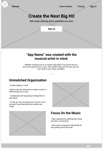 Low fidelity mockup of the landing page.