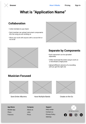 Low fidelity mockup of the about page.