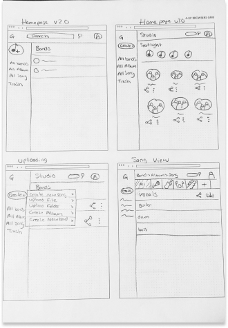 Wireframe drawings of the dashboard, upload, and song view screen.