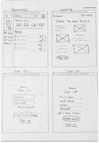 Wireframe drawings of the homepage, landing and sign up screen.